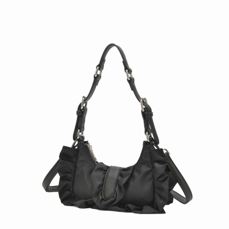 Women's Núnoo Palma Ruffle Recycled Nylon Shoulder Bags Black | KSB4747LS