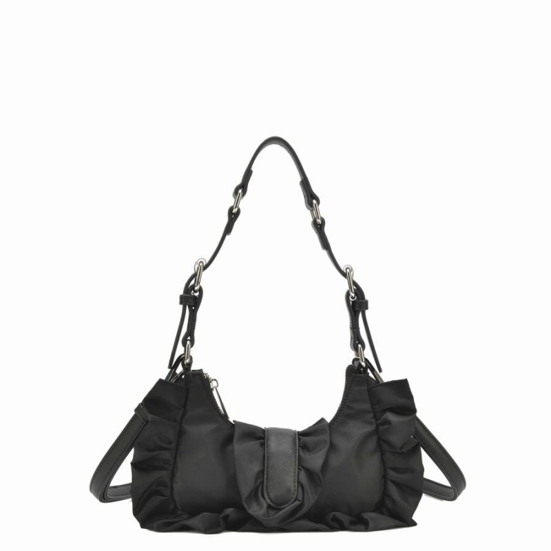 Women\'s Núnoo Palma Ruffle Recycled Nylon Shoulder Bags Black | KSB4747LS