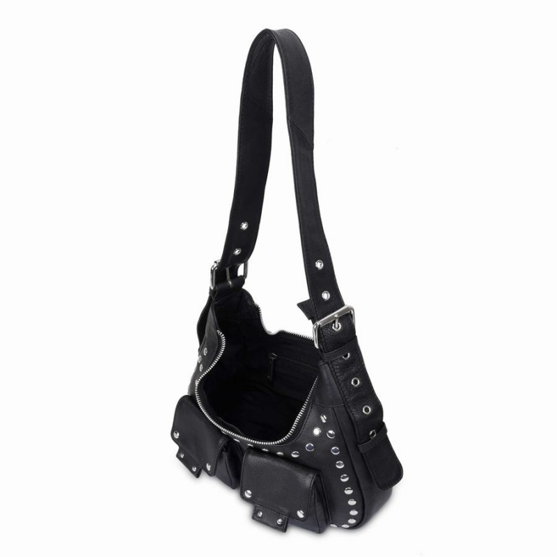 Women's Núnoo Sally Small Rivet Smooth Shoulder Bags Black | VKH6854NR