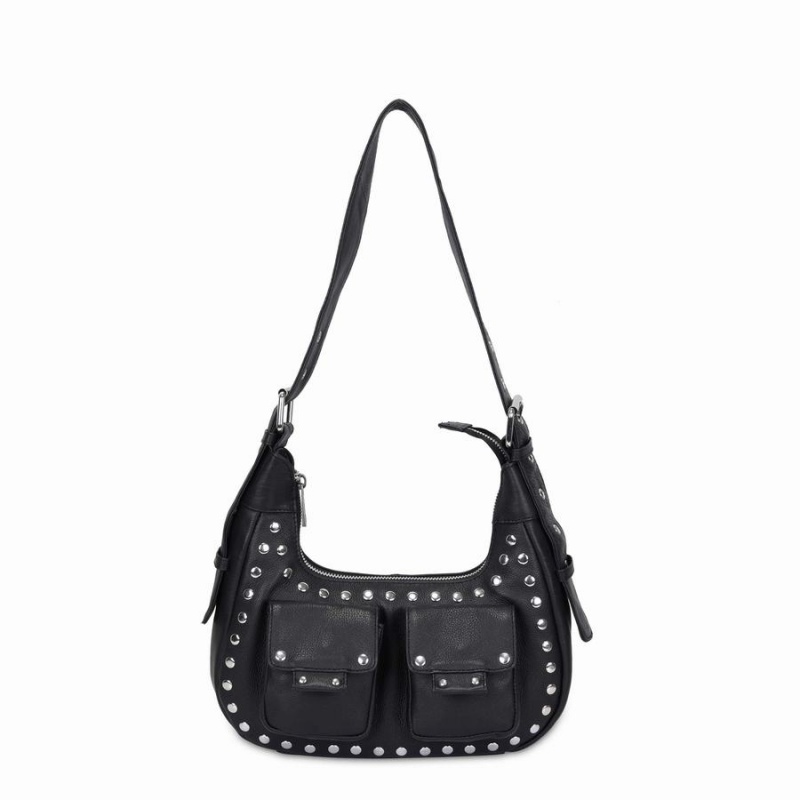 Women\'s Núnoo Sally Small Rivet Smooth Shoulder Bags Black | VKH6854NR