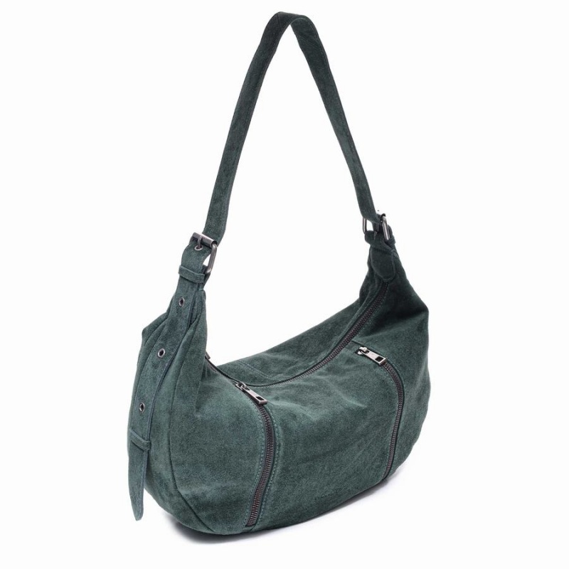 Women's Núnoo Small Stella Zipper Suede Shoulder Bags Dark Green | RIG6685LQ