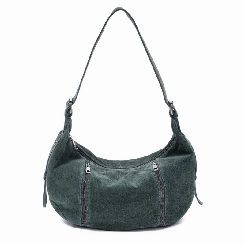 Women\'s Núnoo Small Stella Zipper Suede Shoulder Bags Dark Green | RIG6685LQ