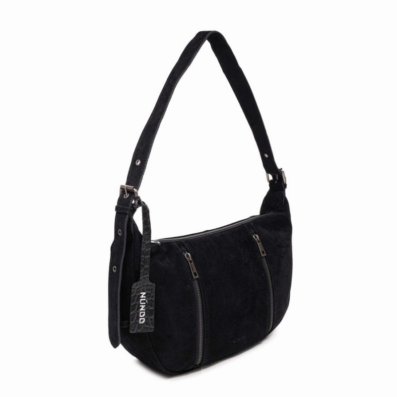 Women's Núnoo Small Stella Zipper Suede Shoulder Bags Black | KNS6020WL